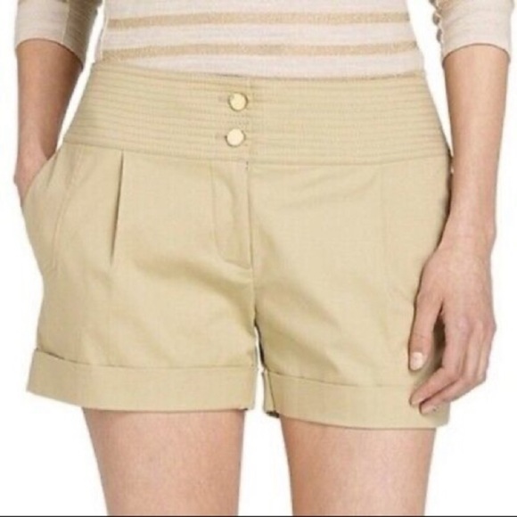 Tory Burch Tan Khaki Cuffed Shorts Gold Buttons Size 6 - Picture 1 of 8
